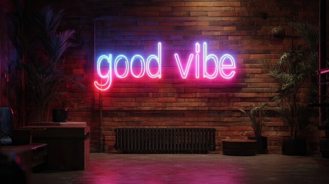 A neon sign that says good vibe on a brick wall