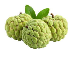 Obraz premium Three ripe custard apples with green leaves isolated on transparent background