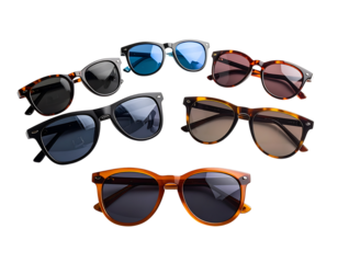 Collection of stylish sunglasses with different frame and lens colors isolated on transparent background