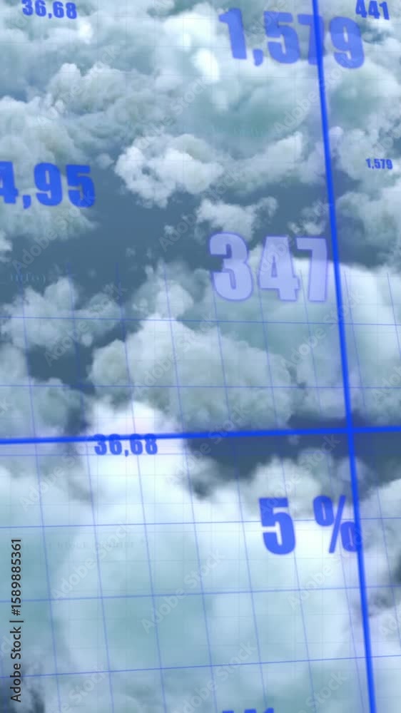 Poster animation of statistical data processing over grid network against clouds in blue sky
