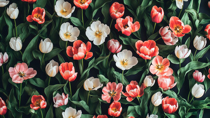 Lavish floral wallpaper design with expressive tulips and peonies in warm, saturated colors on a shadow-drenched background, with natural texture
