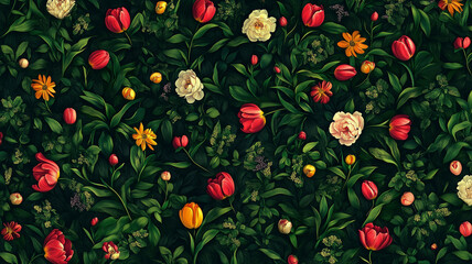 Lavish floral wallpaper design with expressive tulips and peonies in warm, saturated colors on a shadow-drenched background, with natural texture
