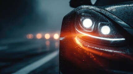 Close-up of a dark car's headlights on a rainy night