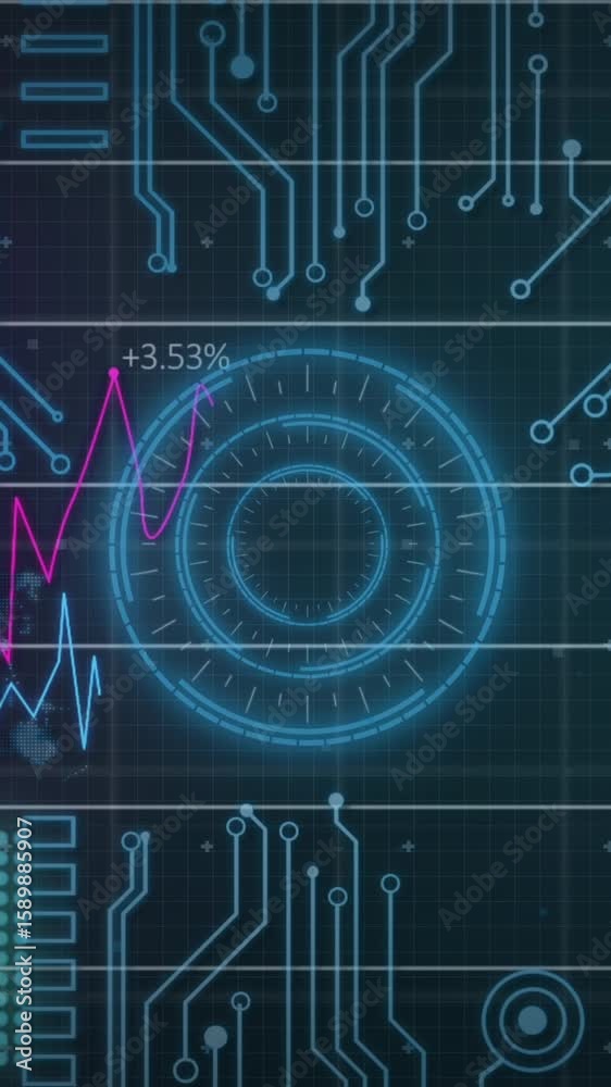 Poster animation of graphs and circles over circuit board pattern and globe against blue background