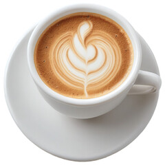 Top view of latte art coffee cup in white ceramic cup isolated on transparent background