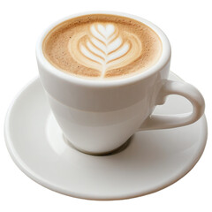 Top view of latte art coffee cup in white ceramic cup isolated on transparent background