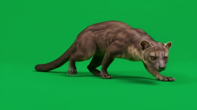 Brown fossa crouches on a solid green background poised to strike or pounce