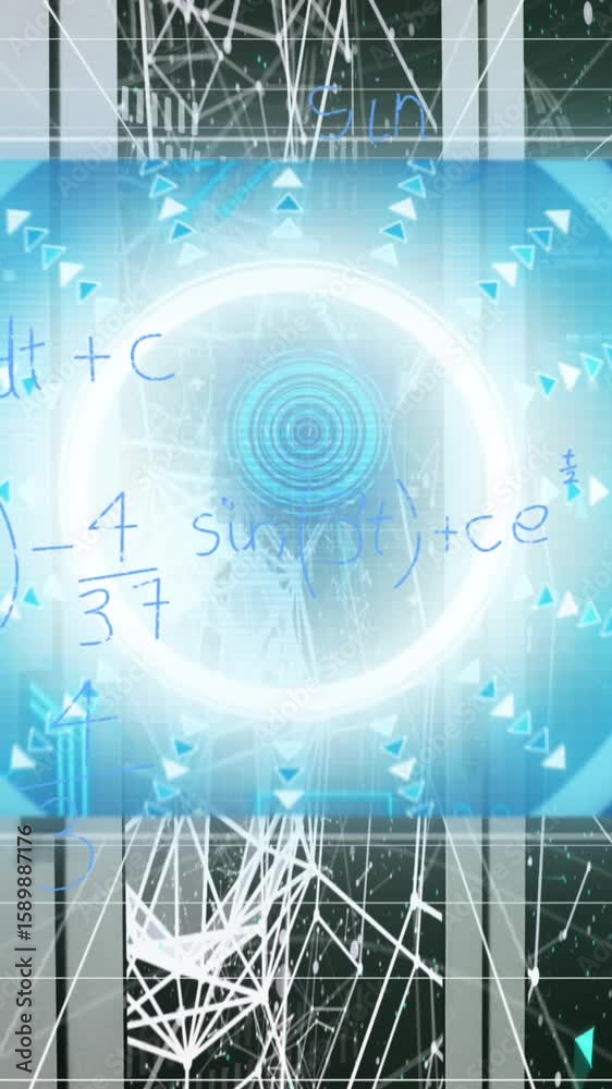 Poster animation of screens with data processing and mathematical equations against computer server room