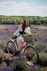 Fototapeta premium Young woman enjoying a bike ride through vibrant lavender fields on a sunny day