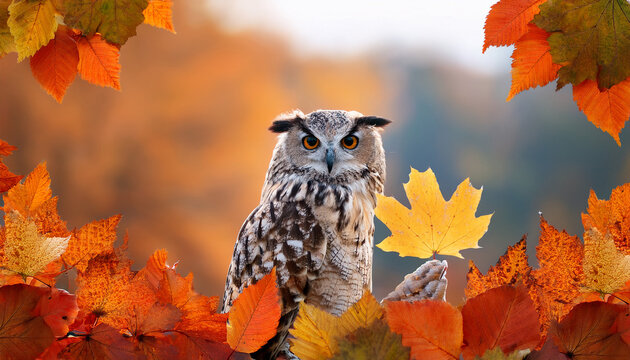 cute owl holding maple leaf surrounded by fall foliage