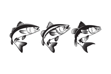 Three black and white stylized fish illustrations on a white background