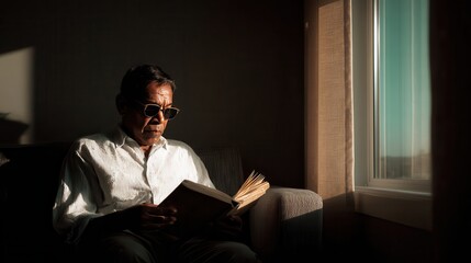 Fototapeta premium Elderly man reading a book by the window during sunset in a cozy room