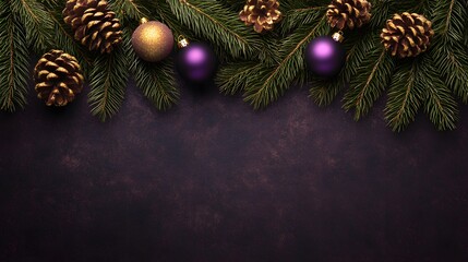 Elegant Christmas Border Design,  Purple Ornaments, Pine Cones, and Fir Branches on Dark Background