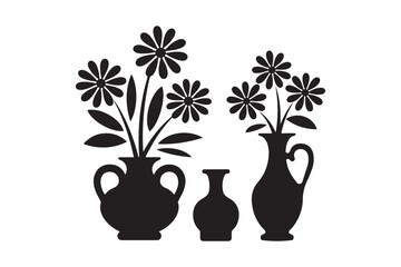 Black silhouette of daisy flowers in various vases on a white background