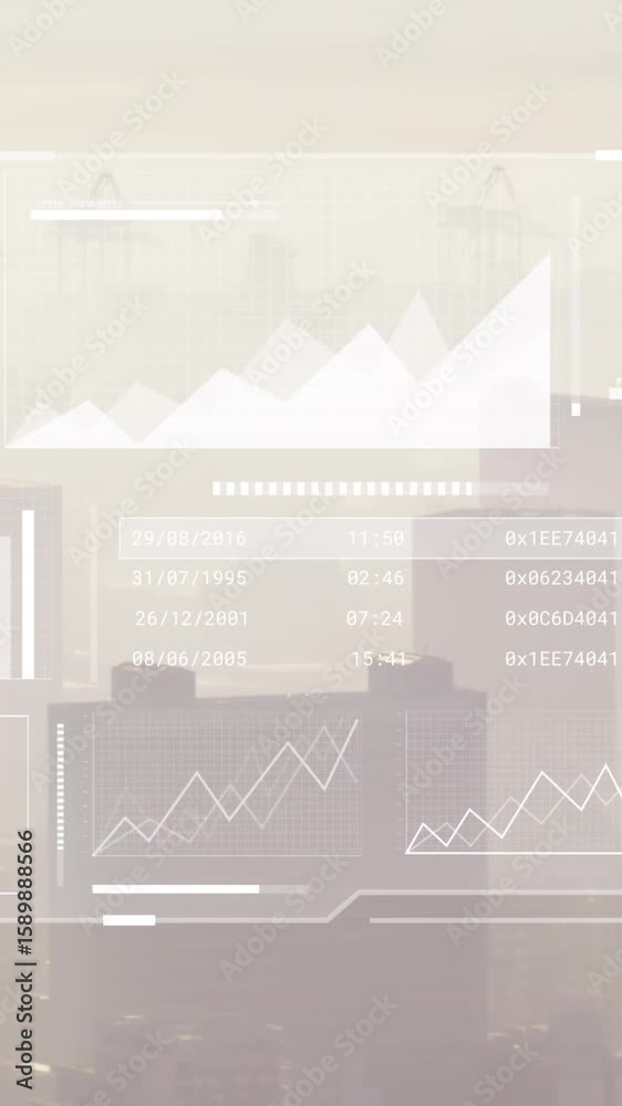 Poster animation of interface with data processing against aerial view of cityscape