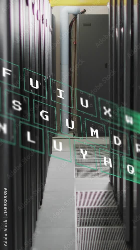 Poster animation of data processing against computer server room
