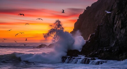 Fototapeta premium Ocean Sunset Splendor: Waves Crashing Against Rocky Shoreline with Birds Flying Against a Vivid Sky, a Majestic Natural Scene.