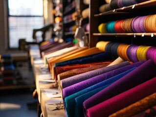 Cozy textile studio corner with vintage sewing machines, colorful bolts of fabric stacked on wooden shelves, an open sketchbook with design drawings, and soft afternoon light creating warm shadows