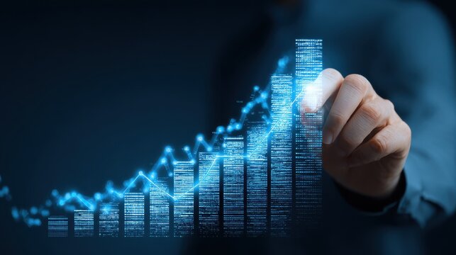 Businessman illustrates growth graph and analyzes financial data for strategic business planning and investment progress on a blue background