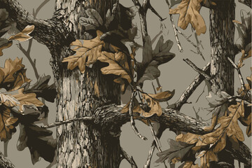 An illustration of camouflage wallpaper featuring oak leaves and branches in earth tones.Realistic forest camouflage pattern for hunting. Hunting Seamless pattern. Conifer tree, branches and leaves. 