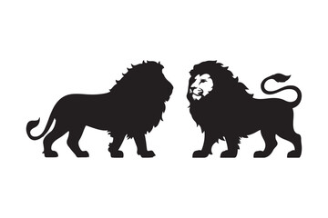 Two majestic black lion silhouettes facing each other on white background