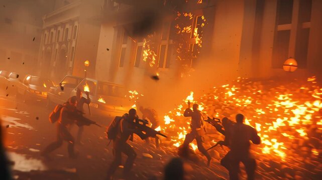 A man in a backpack is running through a burning city. The scene is chaotic and violent, with people running and fighting. Scene is tense and dangerous