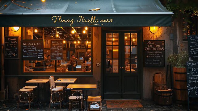 A small restaurant with a green awning and a sign that says "Flavors of France". The restaurant has a cozy atmosphere with tables and chairs outside