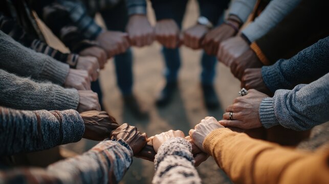 A photo of a group of people holding hands in a circle. Concept of team support.