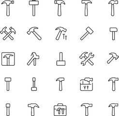 Hammer Icon Set. Construction, Toolbox, DIY, Build, and Work Outline Icon Collection. Vector Illustration