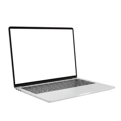 Fototapeta premium A sleek silver laptop with a blank white screen, ultra-thin black bezels, and a camera notch, captured in a 3/4 view against a transparent, shadowless studio background, professional product display