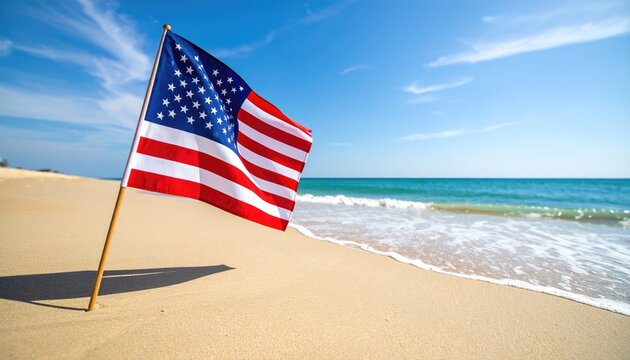 American flag on a sunny beach - Powered by Adobe