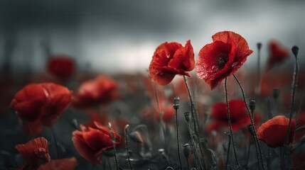 Obraz premium Vibrant red poppies bloom in a field under dramatic gray skies during late afternoon light