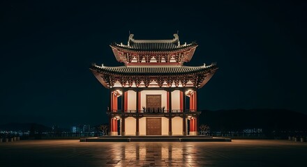 Obraz premium Illuminated Architectural Structure with Intricate Details and Reflections at Night Featuring an Urban Skyline in the Background.