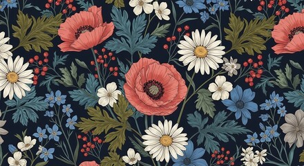Beautiful botanical floral seamless pattern featuring poppies daisies forget me nots and other flowers
