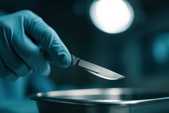 Gloved hand holding surgical scalpel over metal tray in sterile operating room