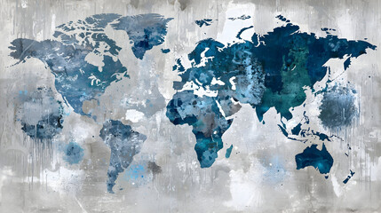 Abstract Blue World Map Wall Art Print Decor