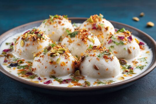 Delicious dahi bhalla yogurt dumplings garnished with nuts and herbs on a plain background, perfect for a festive occasion or as a tasty snack