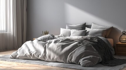 Cozy bedroom interior design. Modern light house or hotel room with comfortable large king size bed, luxury linen and stylish trendy minimal or classic decor background. Bedroom home furniture shop.