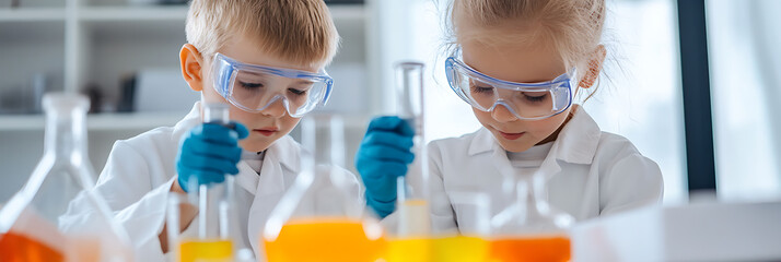 Young children enthusiastically conduct science experiments, wearing protective eyewear and gloves, exploring the wonders of chemistry together in a bright lab.