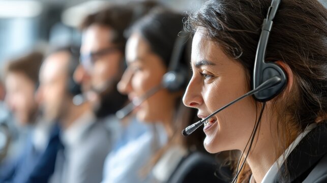 business customer support team in an office with headsets, no logos, no brands
