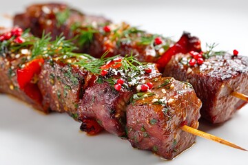Marinated beef kebabs garnished with herbs and spices ready to be grilled, showcasing vibrant colors and delicious textures