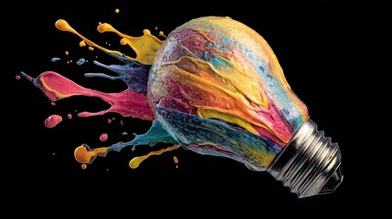 Creative light bulb explodes with colorful paint and splashes on a black background. Think differently creative idea concept