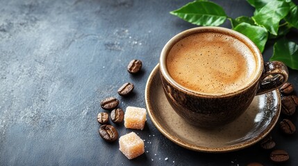 Black coffee and spoonful of sugar background. Next to a spoonful of sugar