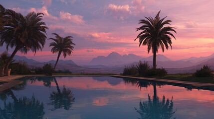Sunset serenity by the pool, palm trees and mountains.
