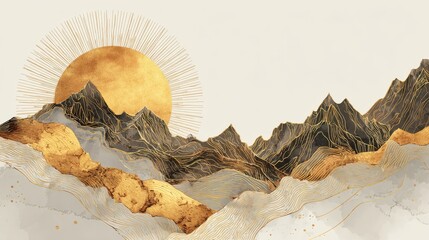 Mountain and sun golden line arts background vector. Oriental Luxury landscape background design with watercolor brush and gold line texture. Wallpaper design, Wall art for home decor and prints., no