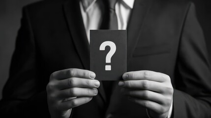picture of man in suit holding card with question mark, no logos, no brands
