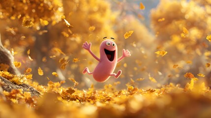 Lively Animated Microbe Leaping Over Golden Leaves in a Serene Fall Landscape with Warmth and Optimism