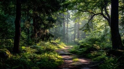 Obraz premium A Detailed Serene Nature Walk Highlighting Mindfulness and Positive Energy with Side Copy Space for Stock Photo Design