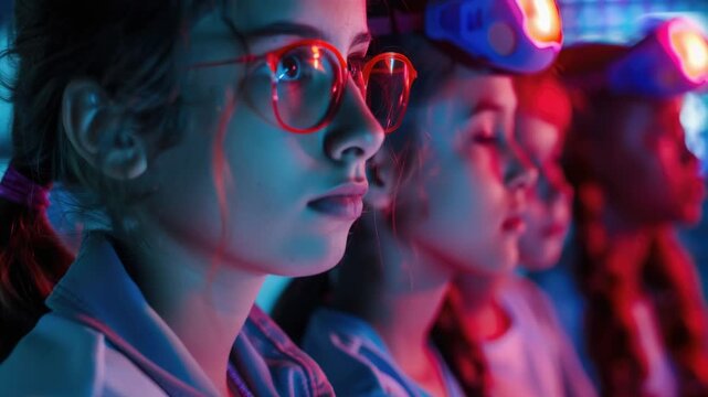 Group of friends or strangers united by unique fashion statement, near vibrant city lights
