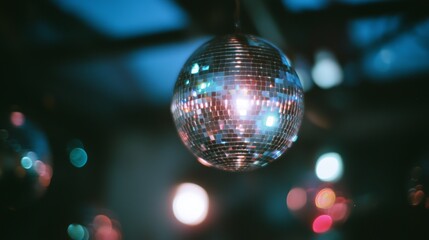 A shining disco ball reflects colorful lights in a dimly lit party setting, creating a vibrant and lively atmosphere.